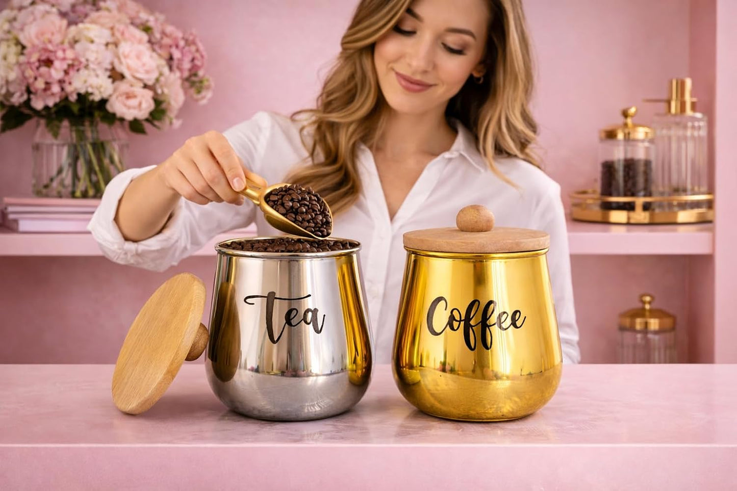 Metal Tea Coffee Storage Container Set with Wooden Lid | Airtight Kitchen Jar Set for Sugar, Tea & Coffee | Modern Home Decor Canister Set