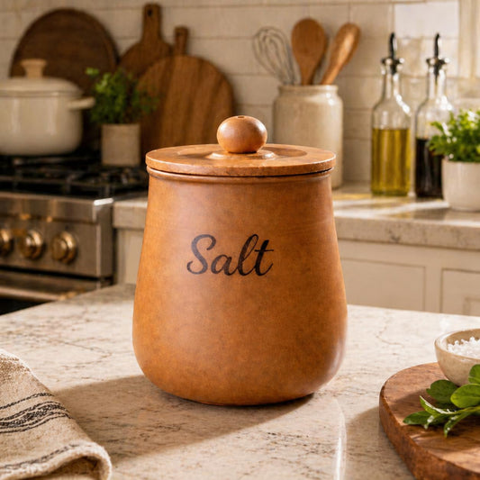 Metal Salt Container with Lid – Farmhouse Kitchen Countertop Salt Storage, Decorative Vintage Style Metal Salt Holder for Kitchen Organizer