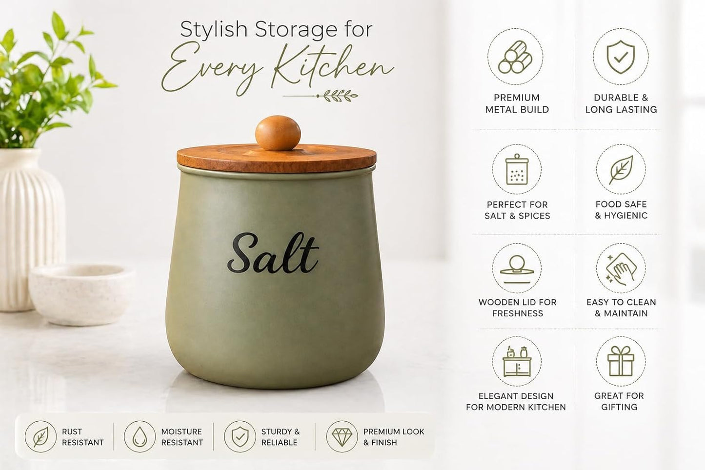 Teal Metal Salt Container with Wooden Lid – Aesthetic Kitchen Countertop Salt Storage, Modern  Decorative Salt Holder for Elegant Kitchen Organizer