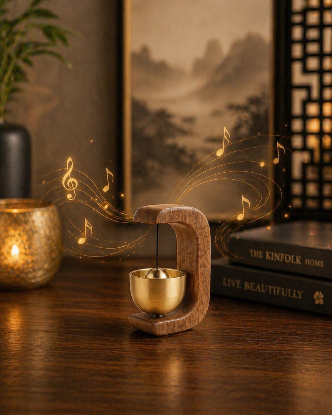 Luxury Wooden Wind Chime Bell for Meditation & Home Decor | Elegant Zen metal  Bell Ornament with Minimalist Wooden Design