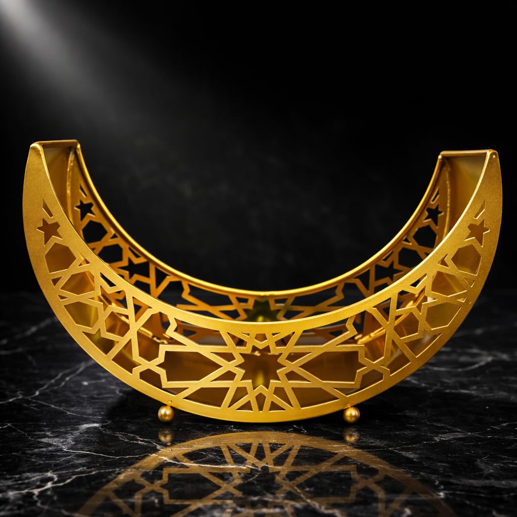Elegant Moon Serving Tray for Dry Fruits & Snacks – Luxury Gold Metal Crescent Moon Tray for Ramadan, Eid Table Decoration, Dates Serving, Festive Dining & Home Decor Display