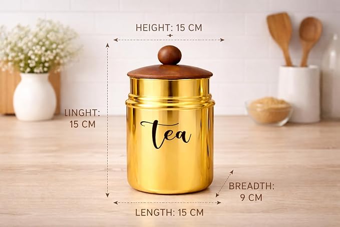 Metal Tea & Sugar Storage Container Set of 2 with Wooden Lid | Airtight Kitchen Canisters | Gold Finish Kitchen Storage Jars