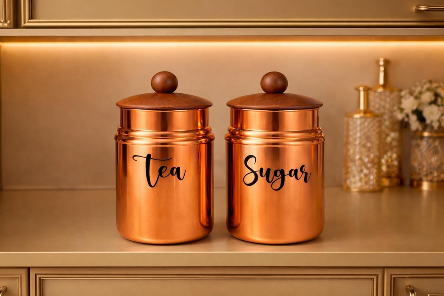 Metal Tea & Sugar Storage Container Set of 2 with Wooden Lid | Airtight Kitchen Canisters | Copper Finish Kitchen Storage Jars