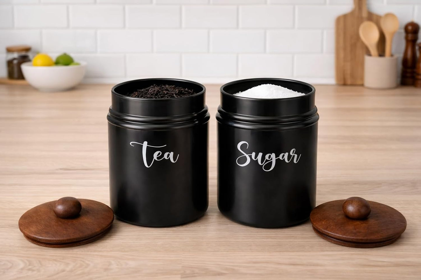 Metal Tea & Sugar Storage Container Set of 2 with Wooden Lid | Airtight Kitchen Canisters | Black Matte Finish Kitchen Storage Jars