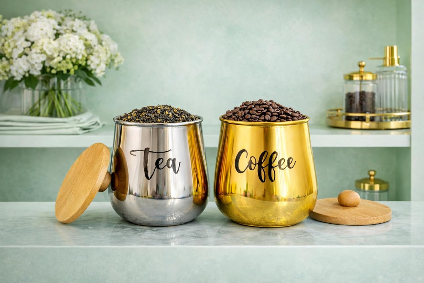 Metal Tea Coffee Storage Container Set with Wooden Lid | Airtight Kitchen Jar Set for Sugar, Tea & Coffee | Modern Home Decor Canister Set