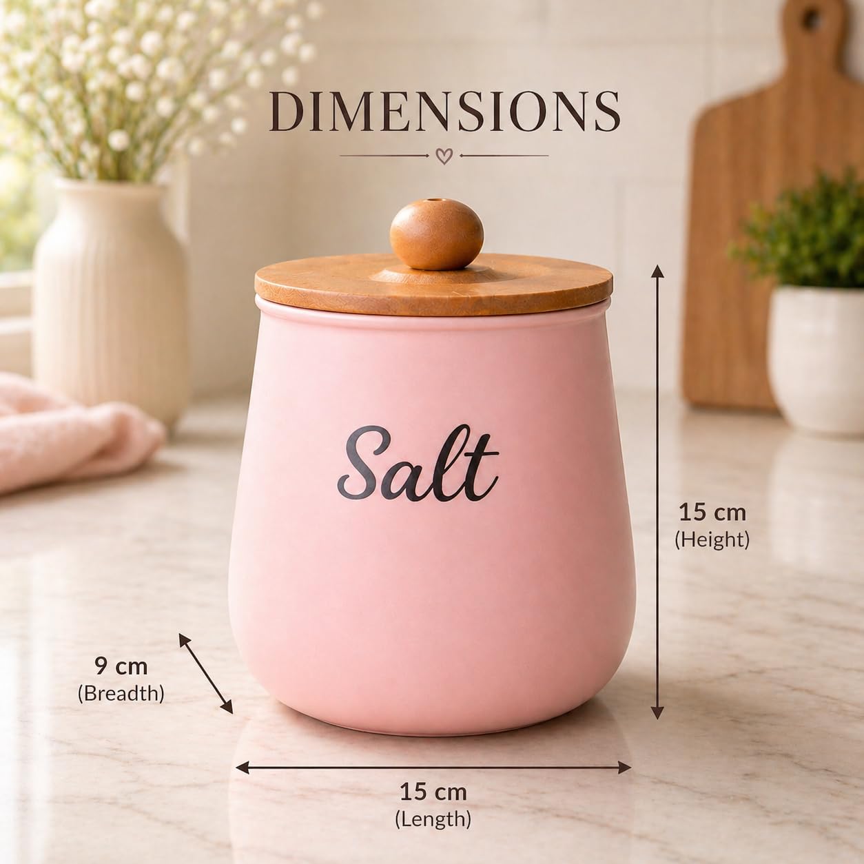 Pink Metal Salt Storage Container with Wooden Lid | Kitchen Countertop Seasoning Holder | Airtight Metal Storage Canister for Salt, Spices & Dry Ingredients | Modern Farmhouse Kitchen Organizer