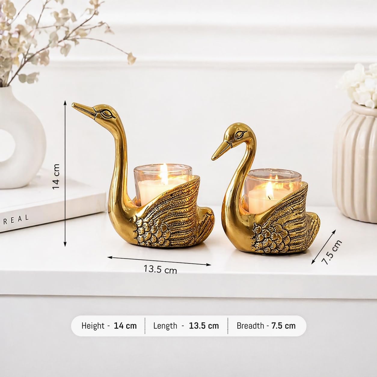 Elegant Aluminium Swan Candle Holder Set – Antique Gold Metal Swan Tealight Holder for Living Room Decor, Wedding Table Centerpiece & Romantic Home Decoration