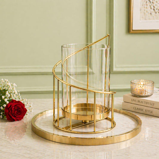 Luxury Spiral Gold Metal Vase with Clear Glass | Elegant Modern Decorative Flower Vase for Living Room, Dining Table & Premium Home Decor