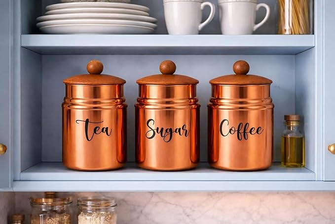Copper Metal Kitchen Canister Set with Wooden Lids – Tea, Sugar & Coffee Storage Containers, Airtight Countertop Jars for Modern Kitchen Decor