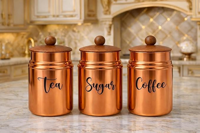 Copper Metal Kitchen Canister Set with Wooden Lids – Tea, Sugar & Coffee Storage Containers, Airtight Countertop Jars for Modern Kitchen Decor