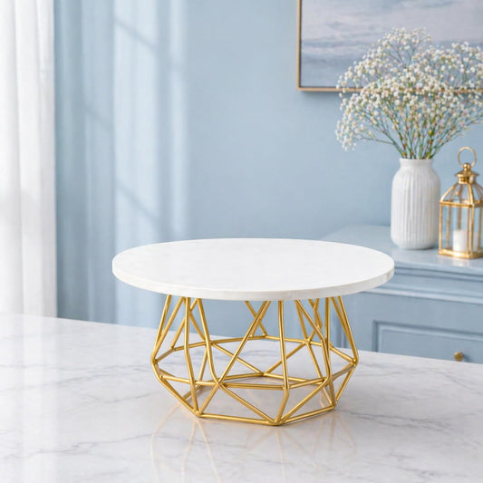 Designer Gold Cake Display Stand | Round Serving Platform with Artistic Metal Frame | Premium Dessert Holder for Parties & Home Styling