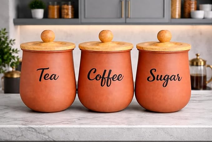 Premium Airtight Metal Tea Coffee Sugar Canisters Set with Wooden Lids – Rustic Kitchen Storage Containers for Tea, Coffee & Sugar – Durable Food Storage Jars for Freshness, Countertop Organization & Modern Farmhouse Kitchen Decor