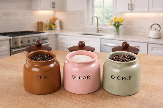 Metal Tea Sugar Coffee Storage Container Set of 3 with Wooden Lid | Airtight Kitchen Canisters | Vintage Farmhouse Style Kitchen Storage Jars