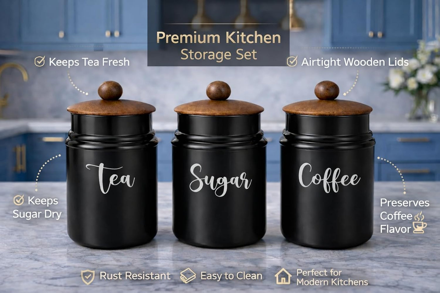 Matte Black Metal Kitchen Canister Set with Wooden Lids – Tea, Sugar & Coffee Storage Containers, Airtight Countertop Jars for Modern Kitchen Decor