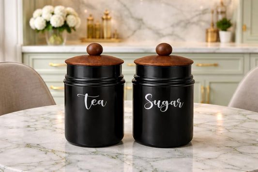 Metal Tea & Sugar Storage Container Set of 2 with Wooden Lid | Airtight Kitchen Canisters | Black Matte Finish Kitchen Storage Jars