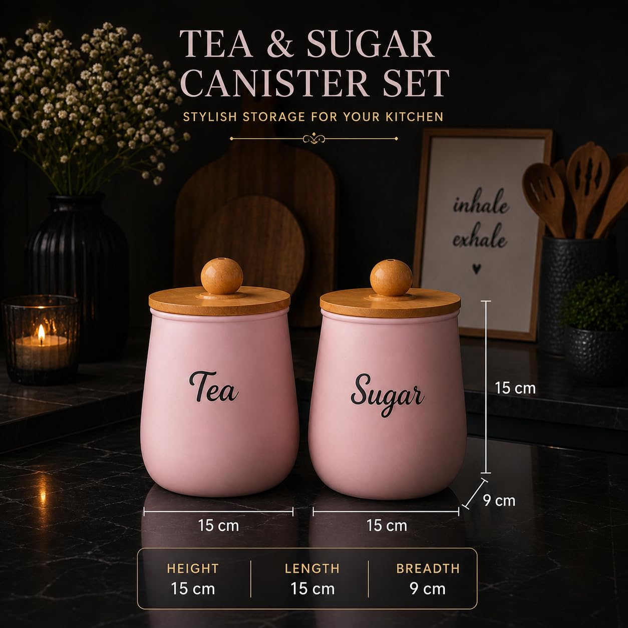 Pink Metal Tea Sugar Container Set | Airtight Kitchen Storage Canister with Wooden Lid | Tea Coffee Sugar Holder | Decorative Countertop Organizer for Modern Kitchen