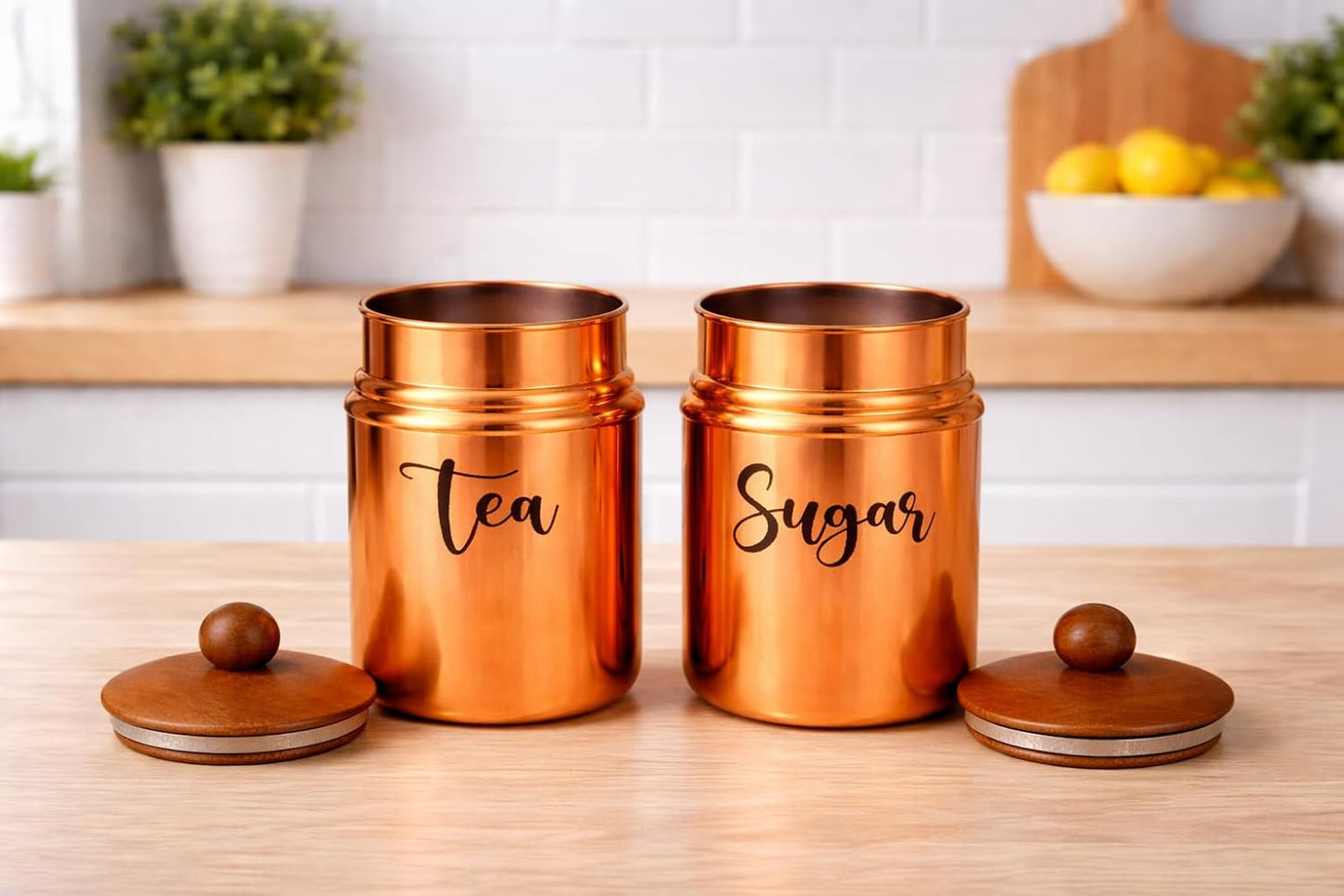 Metal Tea & Sugar Storage Container Set of 2 with Wooden Lid | Airtight Kitchen Canisters | Copper Finish Kitchen Storage Jars
