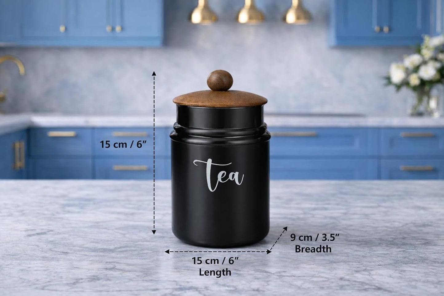 Matte Black Metal Kitchen Canister Set with Wooden Lids – Tea, Sugar & Coffee Storage Containers, Airtight Countertop Jars for Modern Kitchen Decor