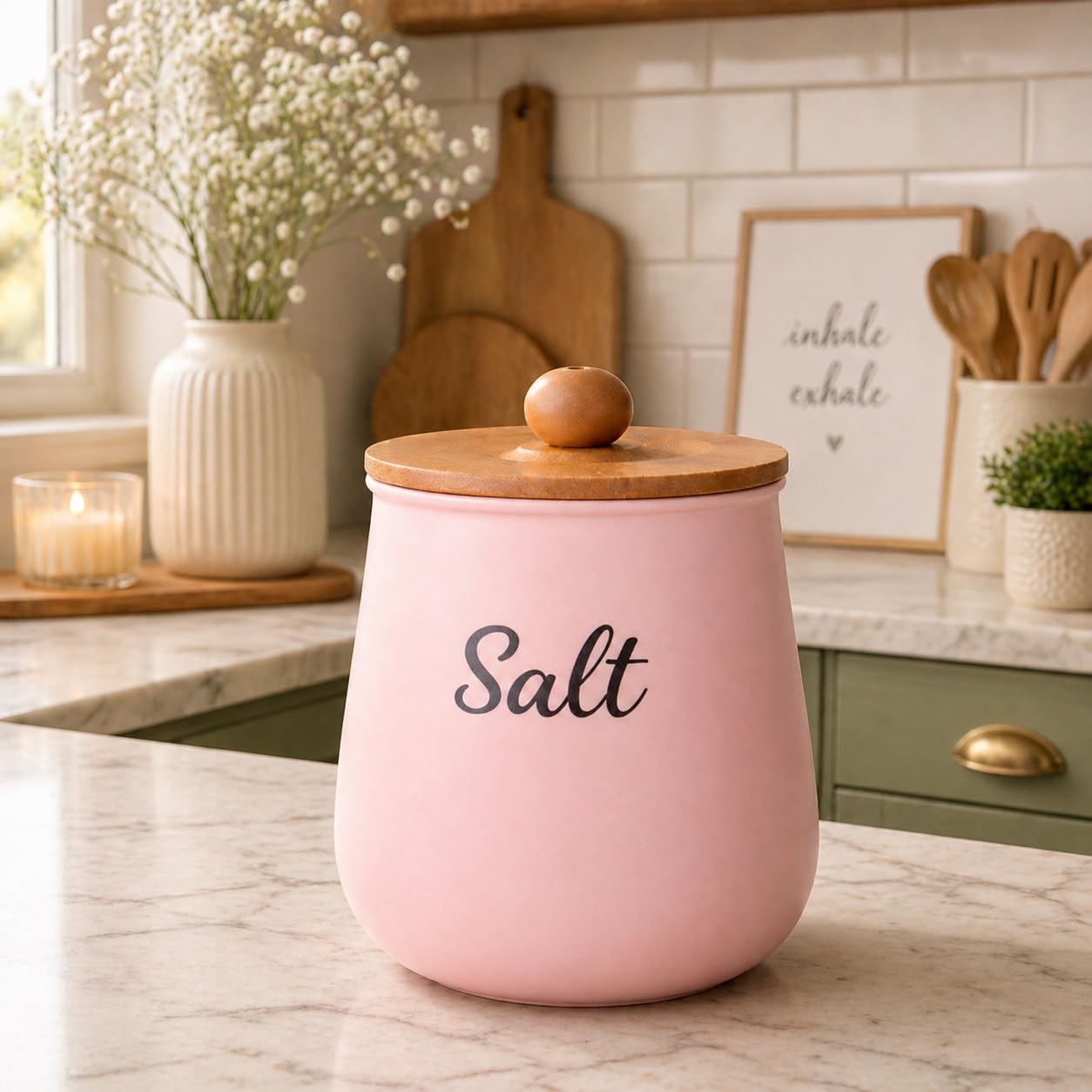 Pink Metal Salt Container – Stylish Kitchen Countertop Salt Storage with Wooden Lid, Modern Decorative Salt Holder for Home Organizer