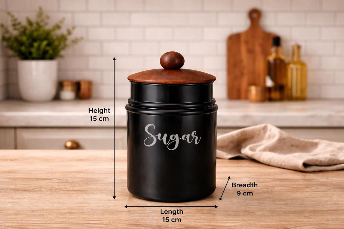 Metal Tea & Sugar Storage Container Set of 2 with Wooden Lid | Airtight Kitchen Canisters | Black Matte Finish Kitchen Storage Jars