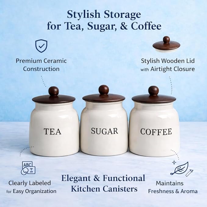 Premium White Metal Tea Coffee Sugar Container Set | Kitchen Storage Canisters with Lids |  Airtight Jars for Countertop & Pantry Organization