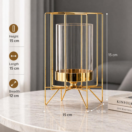 Modern Geometric Gold Vase with Glass Cylinder | Luxury Metal Frame Flower Vase for Elegant Living Room & Contemporary Home Decor