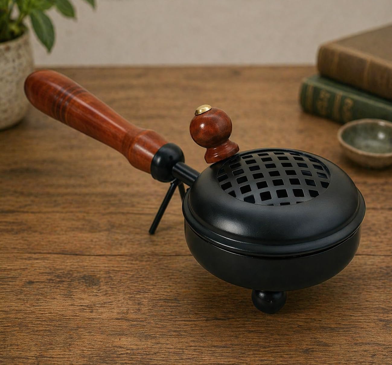 Metal Loban Burner with Wooden Handle | Black Dhoop Dani | Incense Burner for Home, Pooja & Aromatherapy