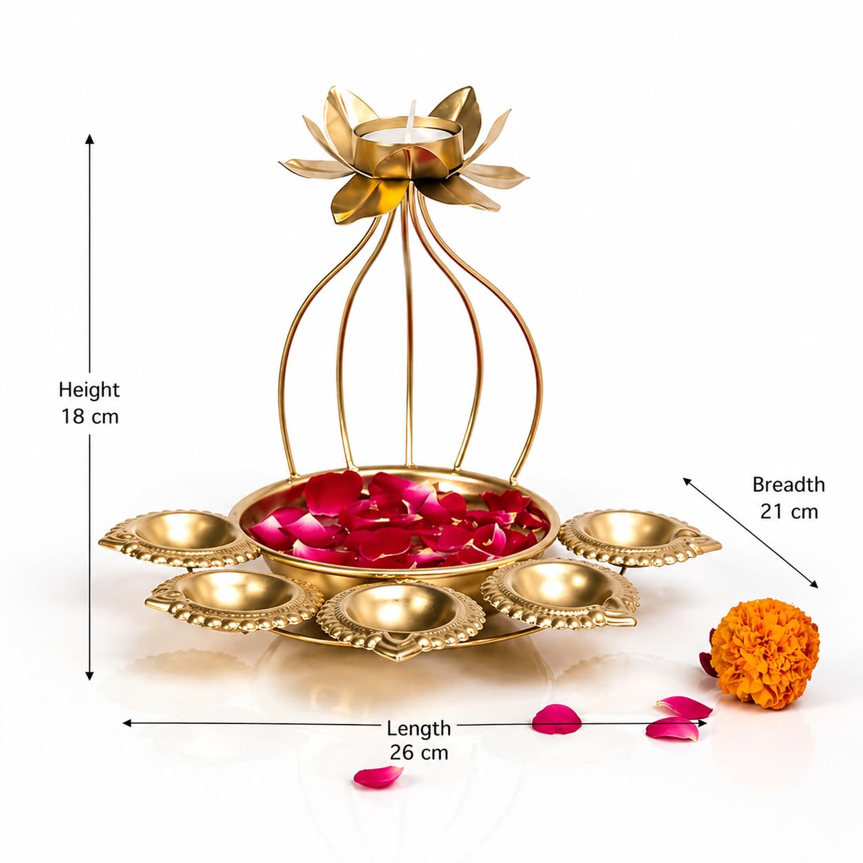 Elegant Lotus Metal Urli with Diyas & Floating Flower Bowl – Luxury Decorative Metal Urli for Diwali, Pooja, Mandir Decoration, Festive Table Centerpiece & Spiritual Home Decor
