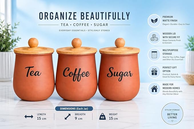 Premium Airtight Metal Tea Coffee Sugar Canisters Set with Wooden Lids – Rustic Kitchen Storage Containers for Tea, Coffee & Sugar – Durable Food Storage Jars for Freshness, Countertop Organization & Modern Farmhouse Kitchen Decor