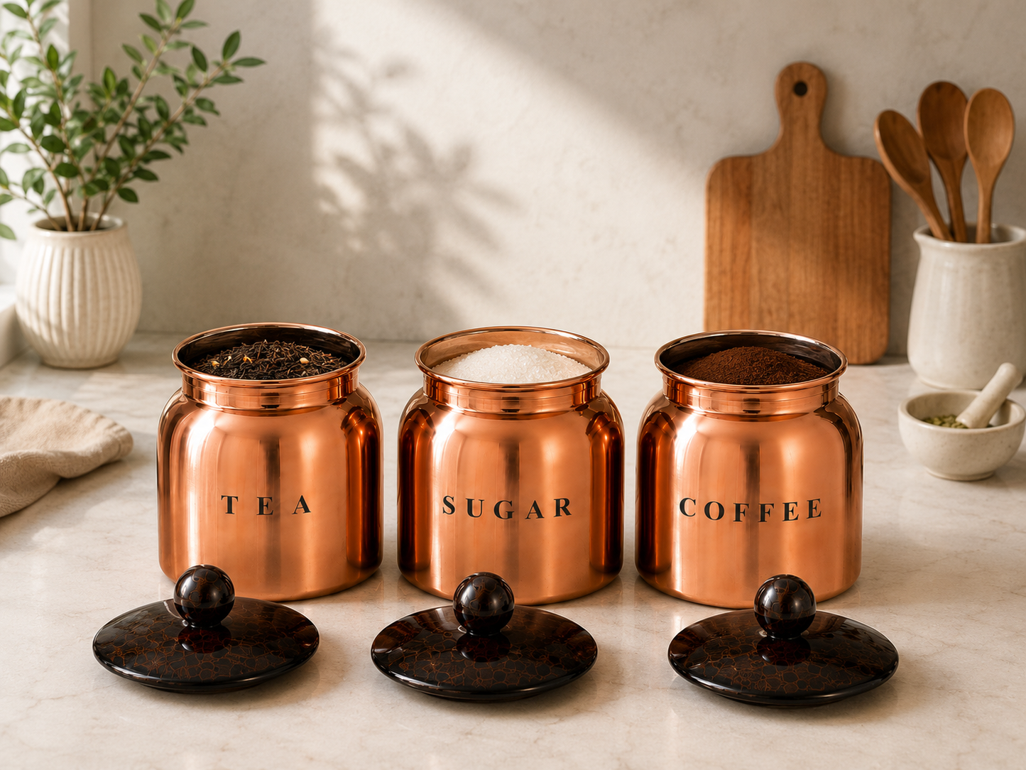 Metal Tea Sugar Coffee Canister Set with Wooden-Style Lids – Premium 3 Piece Kitchen Storage for Countertop, Pantry & Coffee Station
