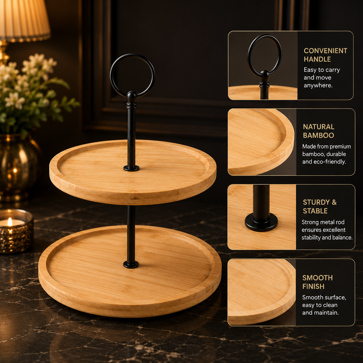 Premium 2 Tier Bamboo Cake Stand for Cupcakes & Desserts – Elegant Wooden Dessert Display Stand with Metal Handle – Multi Layer Serving Tray for Kitchen Counter, Tea Party, Birthday, Bakery & Home Decoration