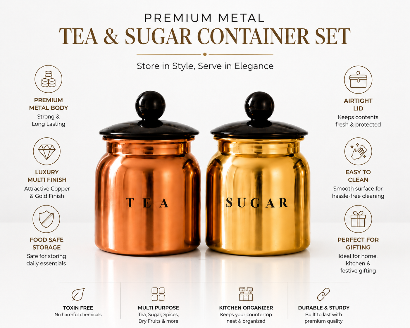 Metal Multi  Tea Sugar Container Set with Black Lids – Premium 2 Piece Kitchen Storage Canisters for Countertop, Pantry & Tea Station