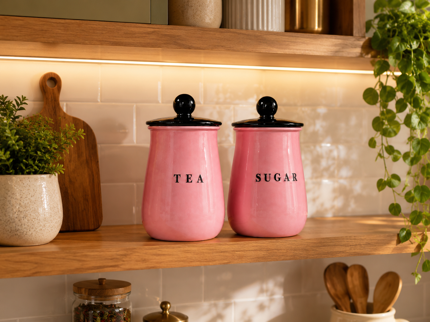 Pink Metal Tea Sugar Container Set with Black Lids – Stylish Kitchen Storage Canisters for Countertop, Pantry & Tea Station