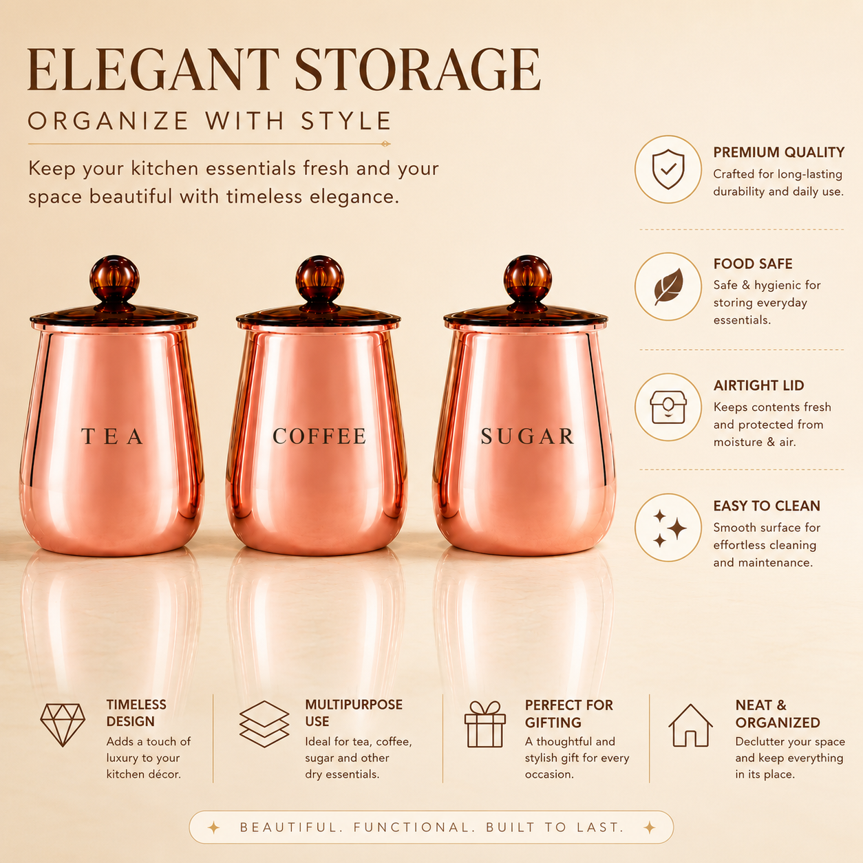 Premium Copper-Finish Metal Tea Coffee Sugar Storage Container Set of 3 with Decorative Knob Lids