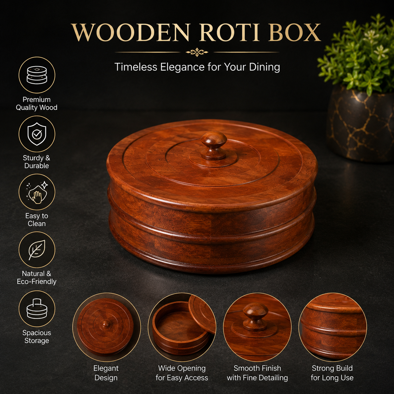 Premium Wooden Roti Box with Lid for Chapati, Paratha and Bread Storage