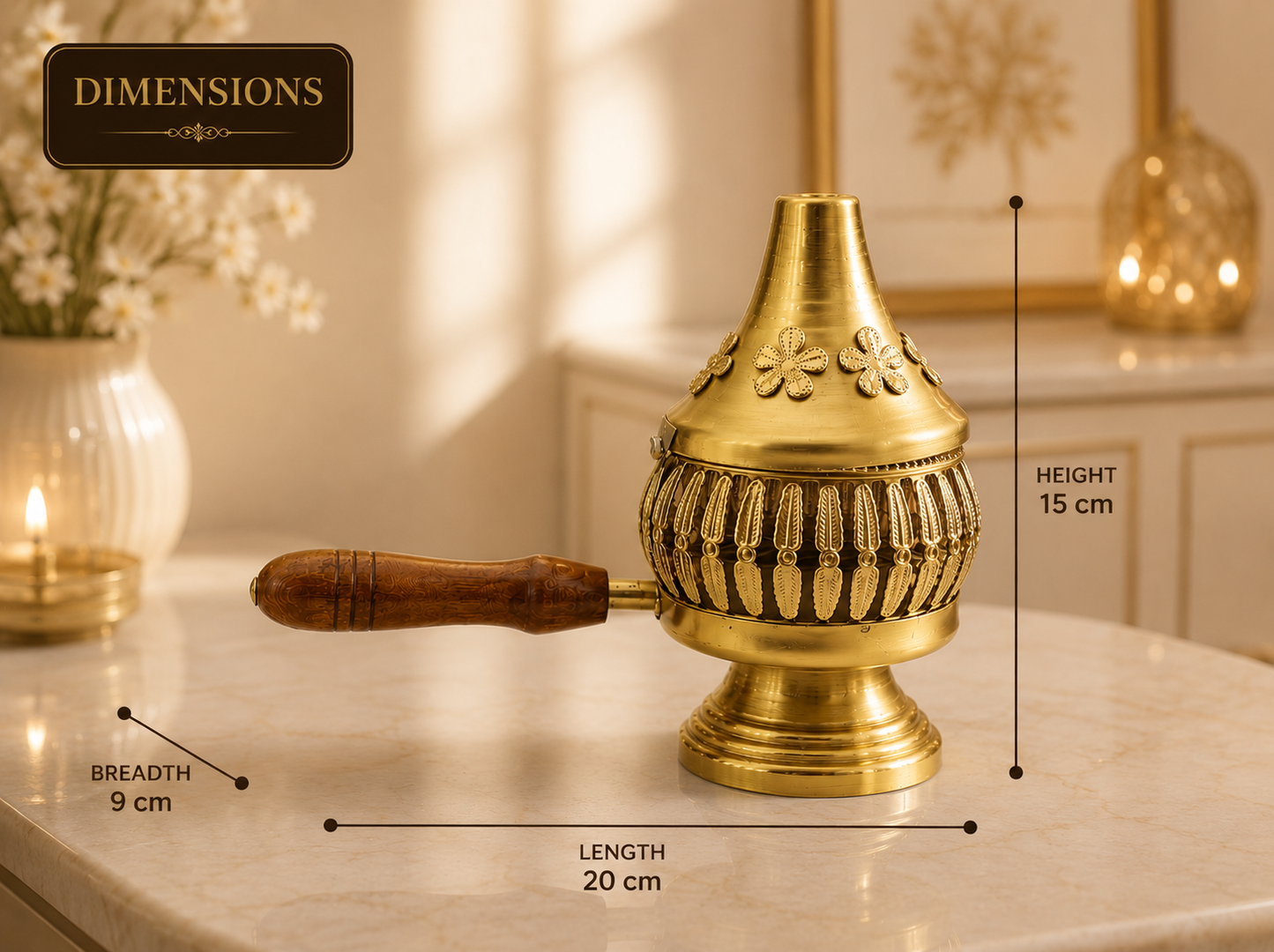Floral Metal Loban Burner with Wooden Handle