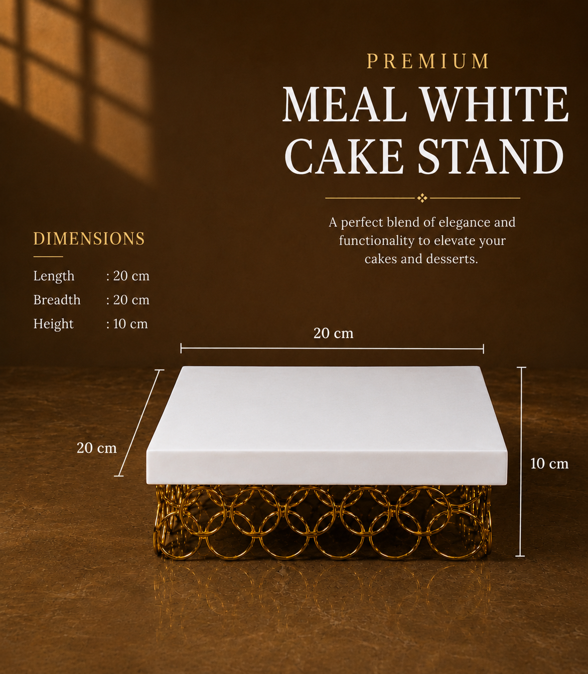 White Square Metal Cake Stand with Golden Ring Base – Premium Dessert Display Stand for Cake, Cupcakes, Sweets, Party & Table Decor