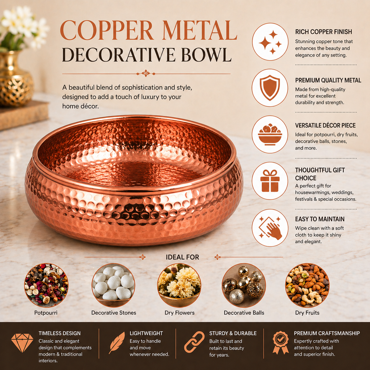 Elegant Copper Finish Metal Bowl for Home Decor | Decorative Centerpiece & Multipurpose Serving Bowl