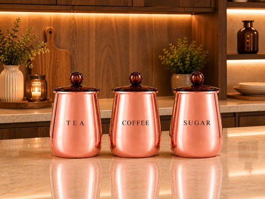 Premium Copper-Finish Metal Tea Coffee Sugar Storage Container Set of 3 with Decorative Knob Lids