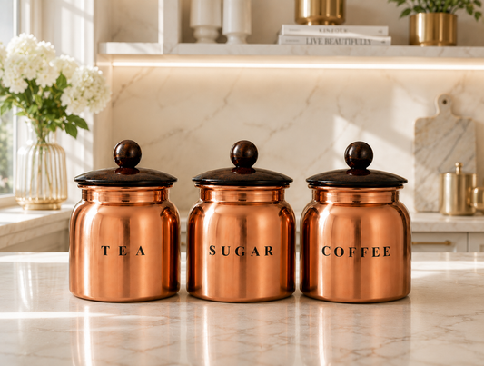 Metal Tea Sugar Coffee Canister Set with Wooden-Style Lids – Premium 3 Piece Kitchen Storage for Countertop, Pantry & Coffee Station