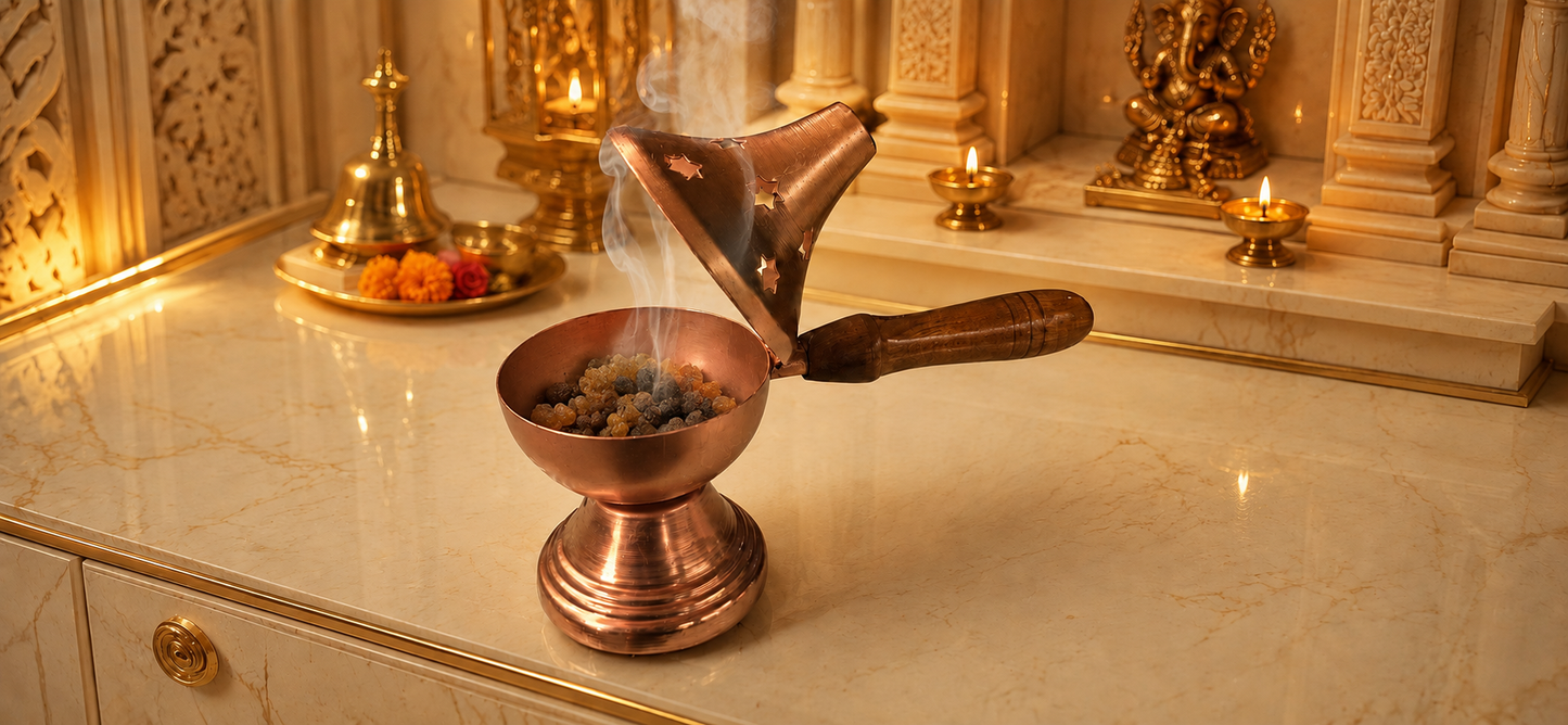 Temple Style Metal Loban Burner with Wooden Handle