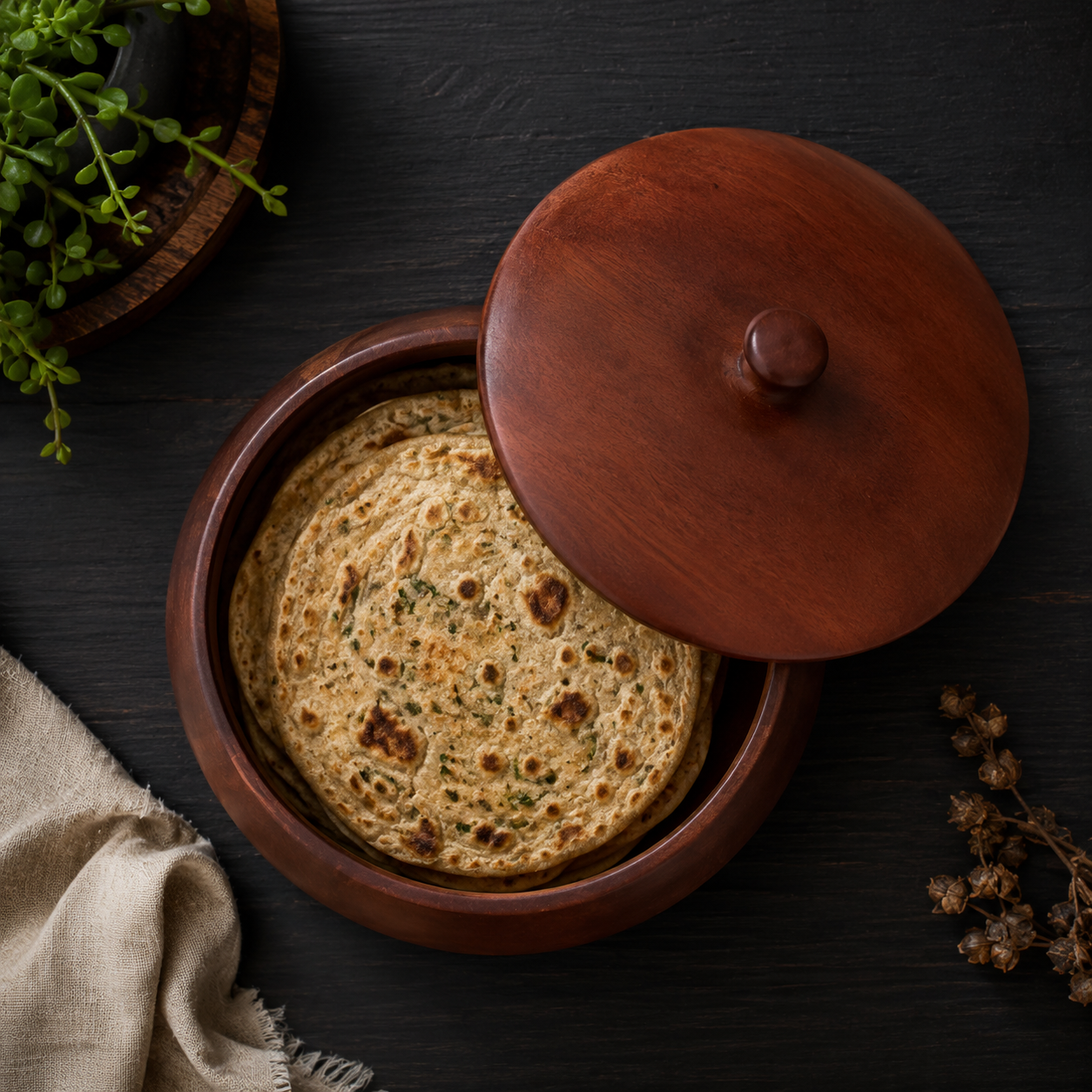 Premium Round Wooden Roti Box with Knob Lid for Chapati, Paratha and Bread Storage