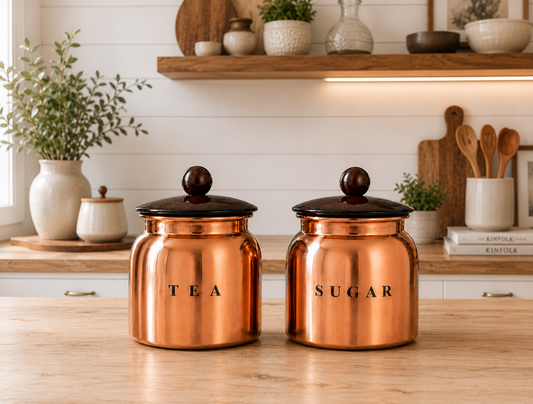Glossy Copper Metal Tea Sugar Canister Set with Wooden-Style Lids – Premium 2 Piece Kitchen Storage for Countertop, Pantry & Tea Station