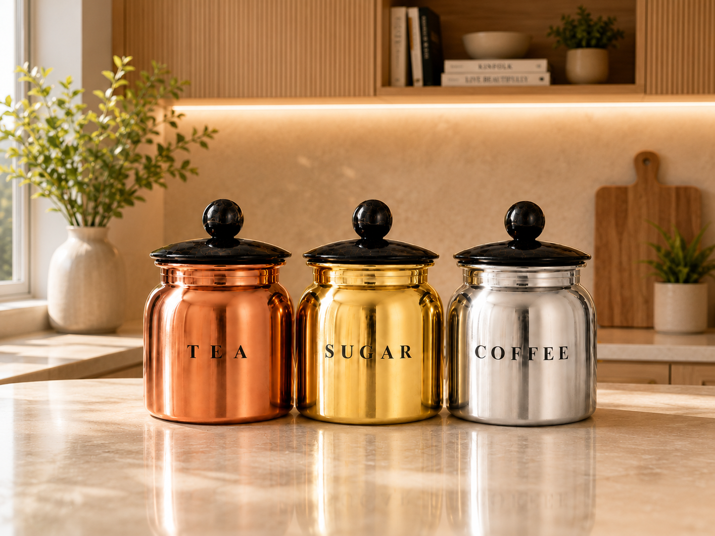 Multi Metal Tea Sugar Coffee Canister Set with Black Lids – Premium 3 Piece Kitchen Storage for Countertop, Pantry & Coffee Station