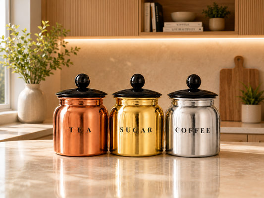 Multi Metal Tea Sugar Coffee Canister Set with Black Lids – Premium 3 Piece Kitchen Storage for Countertop, Pantry & Coffee Station
