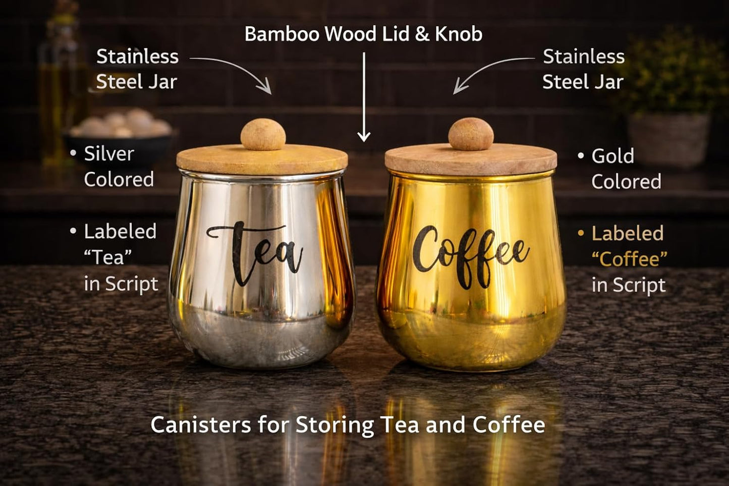 Metal Tea Coffee Storage Container Set with Wooden Lid | Airtight Kitchen Jar Set for Sugar, Tea & Coffee | Modern Home Decor Canister Set