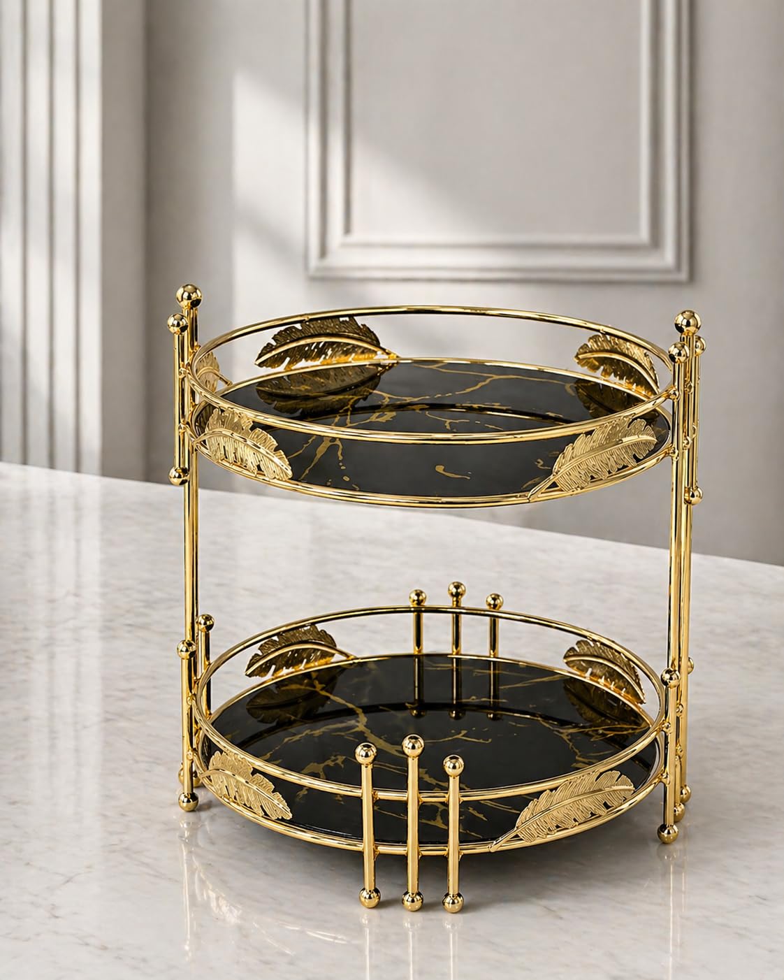 Elegant Black Vanity Organizer with Gold Metal Frame – Luxury 2 Tier Makeup & Skincare Storage Stand, Decorative Cosmetic Organizer for Perfume, Jewelry, Bathroom Counter & Dressing Table
