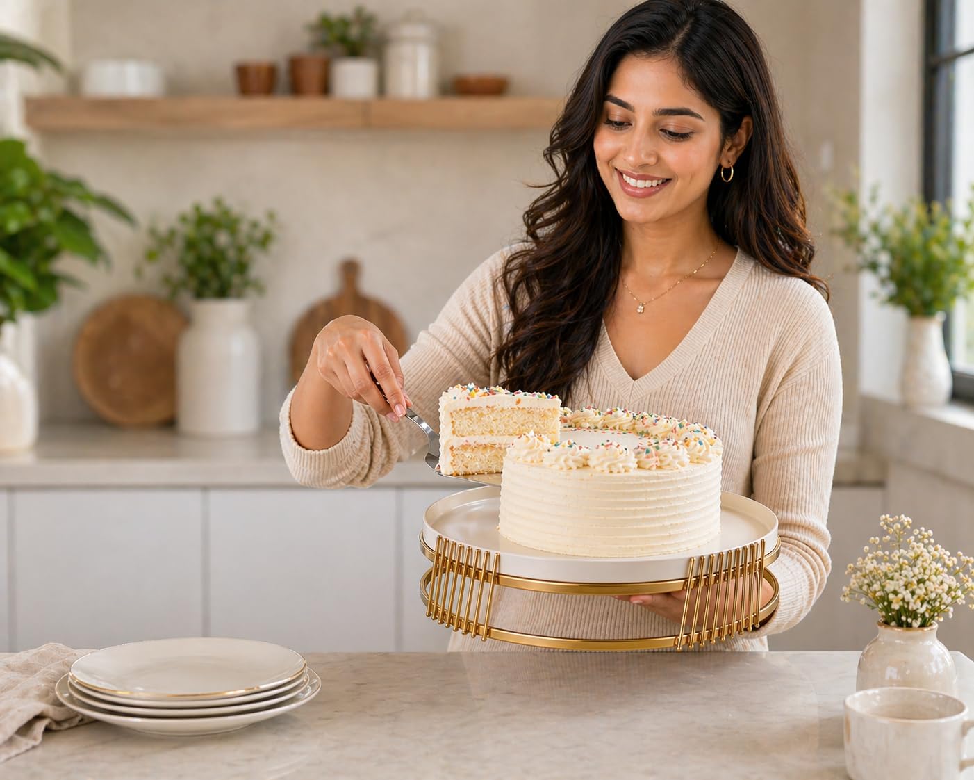 Metal Cake Stand with Gold Accent | Modern Round Dessert Display Tray | Luxury Serving Stand for Birthday, Wedding & Home Table Décor