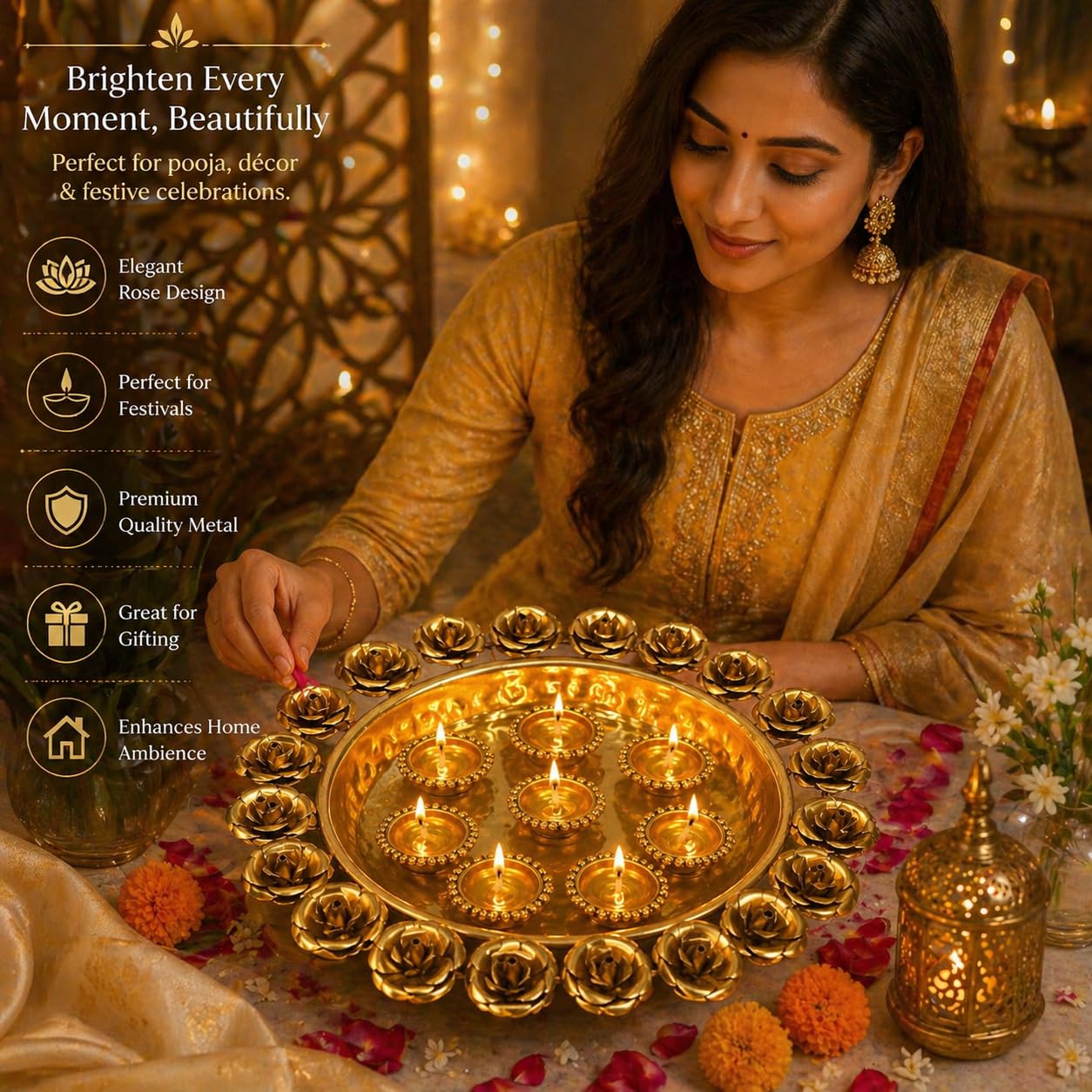 Elegant Floral Urli Bowl with Diyas – Luxury Decorative Metal Urli for Diwali, Pooja & Festive Home Decoration, Floating Candle Bowl, Rose Design Urli Centerpiece for Table & Mandir Decor