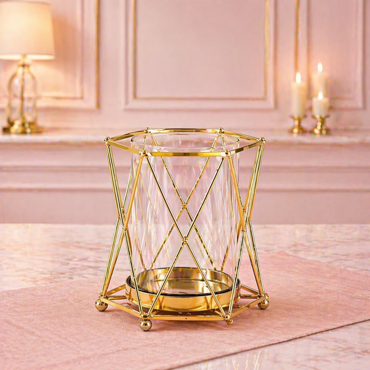 Luxury Gold Metal Vase with Crystal Glass | Modern Geometric Decorative Flower Vase for Living Room, Center Table & Home Decor